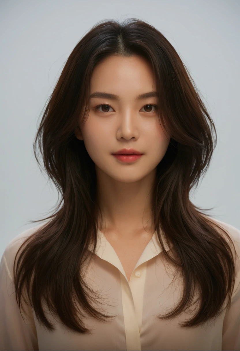 Best Quality, 8k, Masterpiece, (Portrait: 1.3), (photo realistic:1.4), (hyper realistic:1.4), Sharp Focus, looking at viewer, (smoother lighting:1.1), (increase cinematic lighting quality:0.9), realistic lighting, backlighting, light on face, ray trace, (brightening light:1.2), (Increase quality:1.4), sharp detail, (best quality real texture skin:1.4), finely detailed eyes, black_eyes, finely detailed face, 25 year old Korean woman, (white formal_shirt:1.4), (Create an image maintaining the original base model hairstyle:1.5)