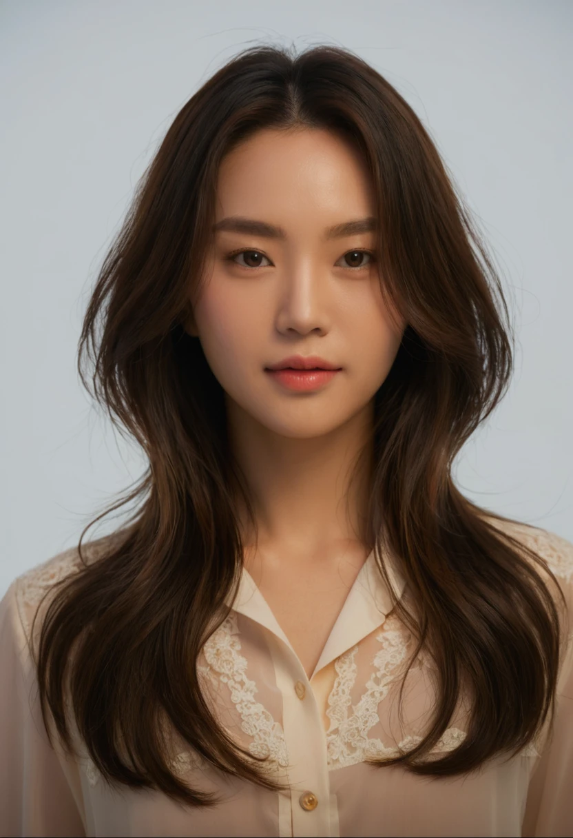 Best Quality, 8k, Masterpiece, (Portrait: 1.3), (photo realistic:1.4), (hyper realistic:1.4), Sharp Focus, looking at viewer, (smoother lighting:1.1), (increase cinematic lighting quality:0.9), realistic lighting, backlighting, light on face, ray trace, (brightening light:1.2), (Increase quality:1.4), sharp detail, (best quality real texture skin:1.4), finely detailed eyes, black_eyes, finely detailed face, 25 year old Korean woman, (white formal_shirt:1.4), (Create an image maintaining the original base model hairstyle:1.5)