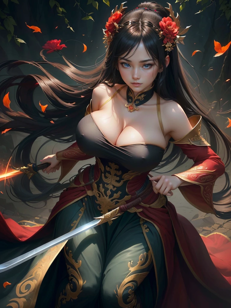 a woman in a red dress holding a sword and a flower, inspired by Li Mei-shu, inspired by Shen Zhou, inspired by Wu Li, inspired by Wu Zuoren, yun ling, inspired by Ju Lian, inspired by Li Tang, full body xianxia, inspired by Qiu Ying, inspired by Lan Ying, xianxia hero, Highly detailed CG unit 8k wallpaper, masterpiece, High resolution, highest quality, highest quality real texture skin, Super Real, Digital Painting, Best image quality, 最High resolution, 8k, ((Highly detailed eyes and face, Beautiful eyes every detail)), 1girl, Full Body Shot, ((Cleavage, Saggy breasts, Gravity-dependent breasts, long chest, Heavy chest, disproportionate breasts, huge breasts, sagging breasts, gigantic breasts, erect nipple)), Off the shoulder, smile,