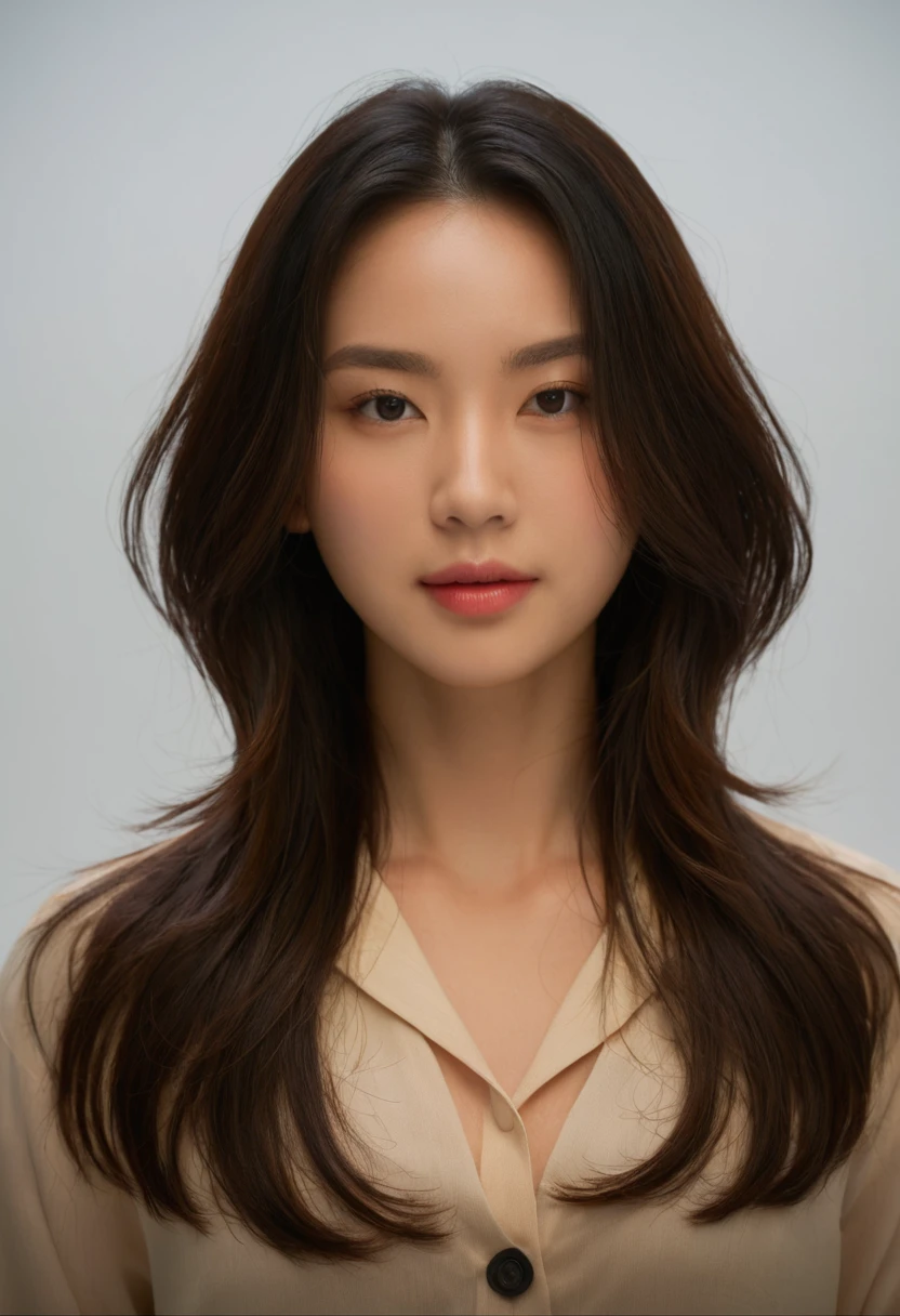 Best Quality, 8k, Masterpiece, (Portrait: 1.3), (photo realistic:1.4), (hyper realistic:1.4), Sharp Focus, looking at viewer, (smoother lighting:1.1), (increase cinematic lighting quality:0.9), realistic lighting, backlighting, light on face, ray trace, (brightening light:1.2), (Increase quality:1.4), sharp detail, (best quality real texture skin:1.4), finely detailed eyes, black_eyes, finely detailed face, 25 year old Korean woman, (white formal_shirt:1.4), (Create an image maintaining the original base model hairstyle:1.5)