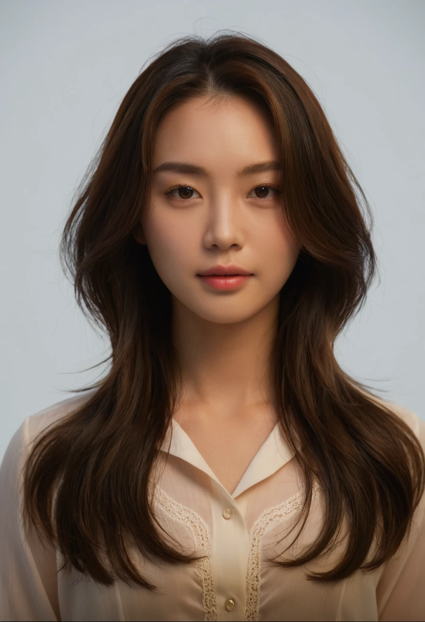 Best Quality, 8k, Masterpiece, (Portrait: 1.3), (photo realistic:1.4), (hyper realistic:1.4), Sharp Focus, looking at viewer, (smoother lighting:1.1), (increase cinematic lighting quality:0.9), realistic lighting, backlighting, light on face, ray trace, (brightening light:1.2), (Increase quality:1.4), sharp detail, (best quality real texture skin:1.4), finely detailed eyes, black_eyes, finely detailed face, 25 year old Korean woman, (white formal_shirt:1.4), (Create an image maintaining the original base model hairstyle:1.5)