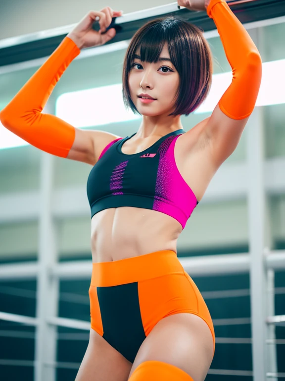 Best quality 8k resolution Ultra detailed Bright neon orange competition sportswear Serious facial expression Cute girl Abs Arms up Very short hair High waisted tights Flat chest Japanese Sharp focus Track and field club Very short hair 27 years old