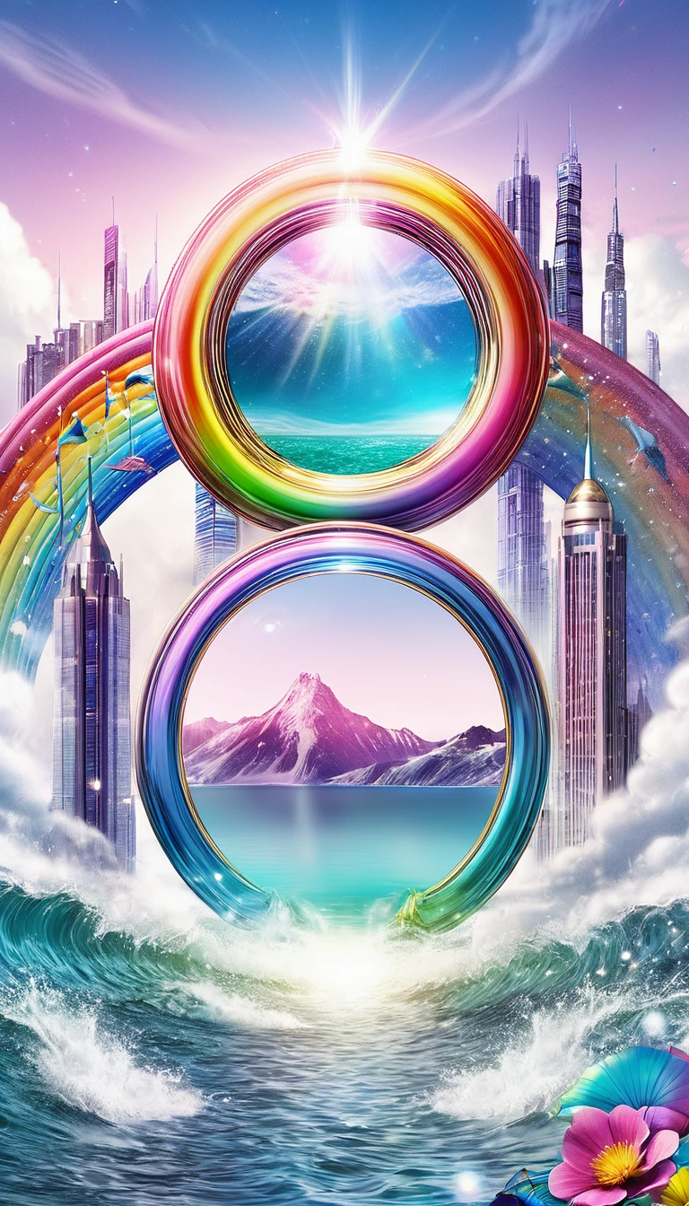 The rainbow-colored sea、Feel the summer、Highest quality, Super Fine, 16K, Incredibly absurd, Very detailed, delicate and dynamic, Multiple Translucency, Rainbow Magic Circle, ,, Prism special effects, mirror, illumination, Swirling dark aura, And beyond the universe,masterpiece.16K, Ultra-high resolution, Ultra-high resolution, to be born,wonderful ,future、Iridescent、The world 30 years from now。