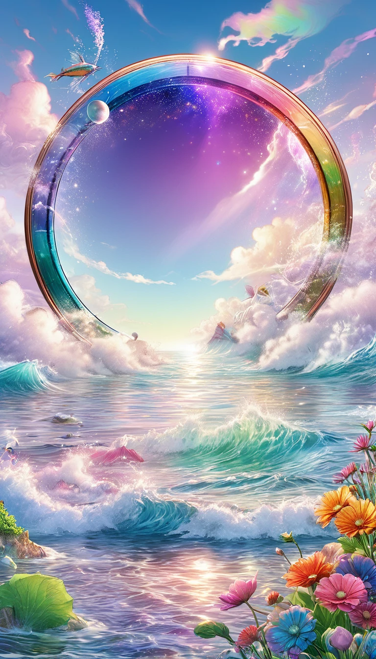 The rainbow-colored sea、Feel the summer、Highest quality, Super Fine, 16K, Incredibly absurd, Very detailed, delicate and dynamic, Multiple Translucency, Rainbow Magic Circle, ,, Prism special effects, mirror, illumination, Swirling dark aura, And beyond the universe,masterpiece．16K, Ultra-high resolution, Ultra-high resolution, to be born,wonderful ,future、Iridescent、The world 30 years from now。