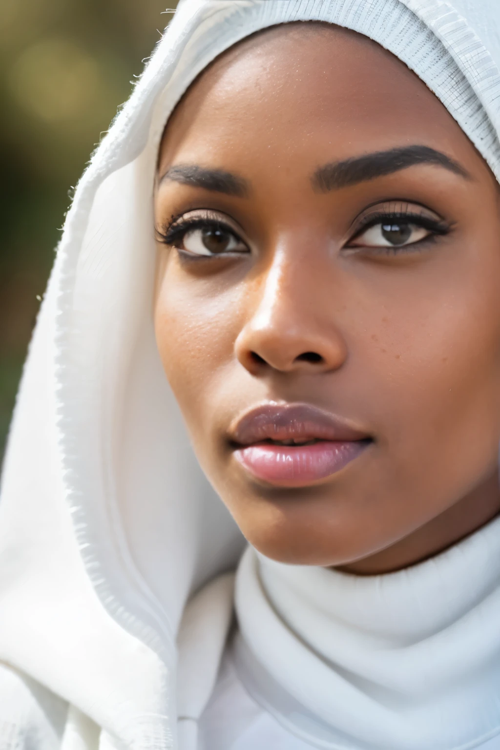 African model, close up, face focus, natural light, posing for picture, greeneyes, fat lower lip, huge lips, thick lips, hijab, turtleneck sweater, long sleeves, freckles