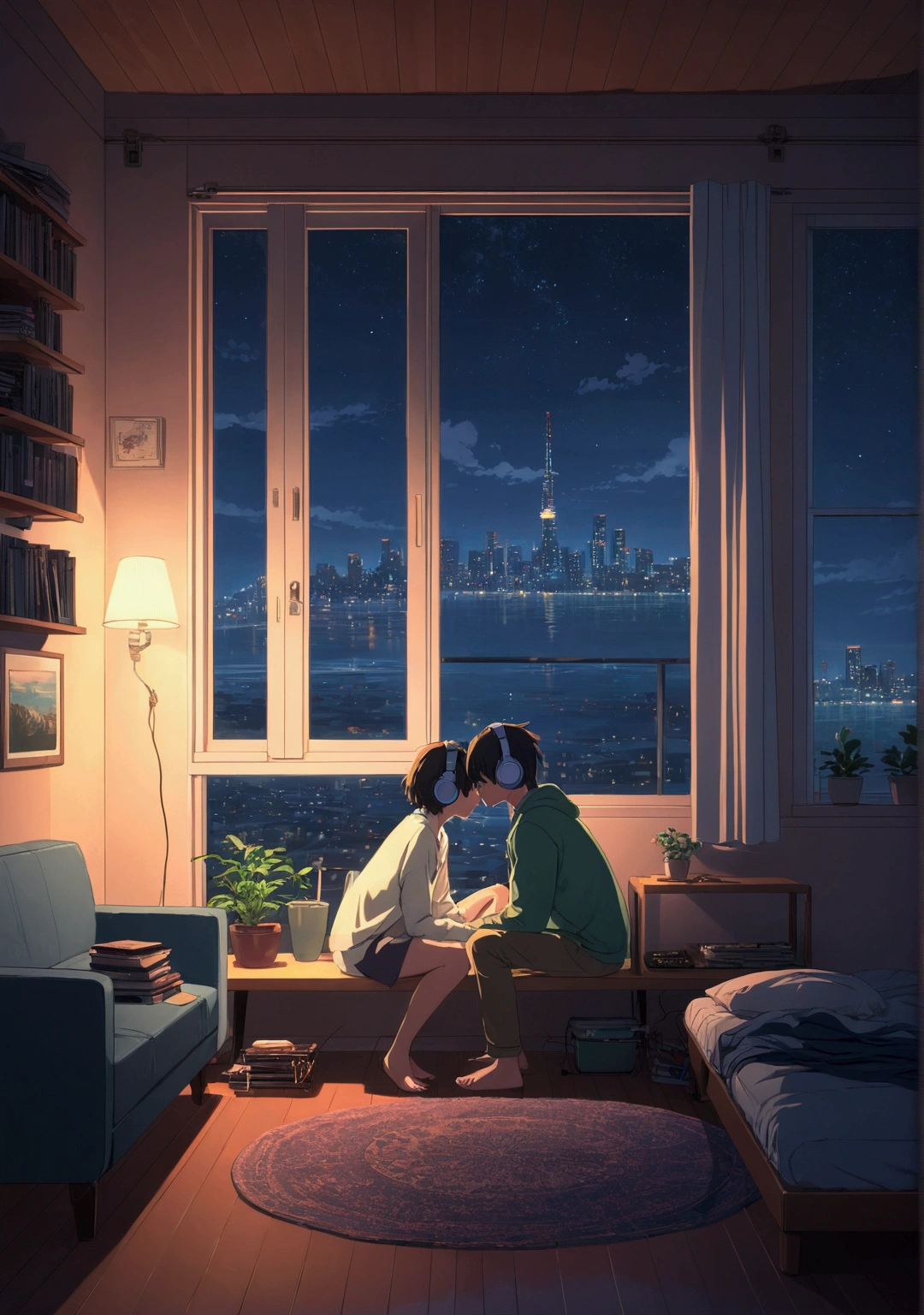 night、Girl listening to music in a cozy room, Using headphones, 2D-style animation, Lo-Fi, hard disk, Dark Environment, Hugging your boyfriend,In the style of Makoto Shinkai