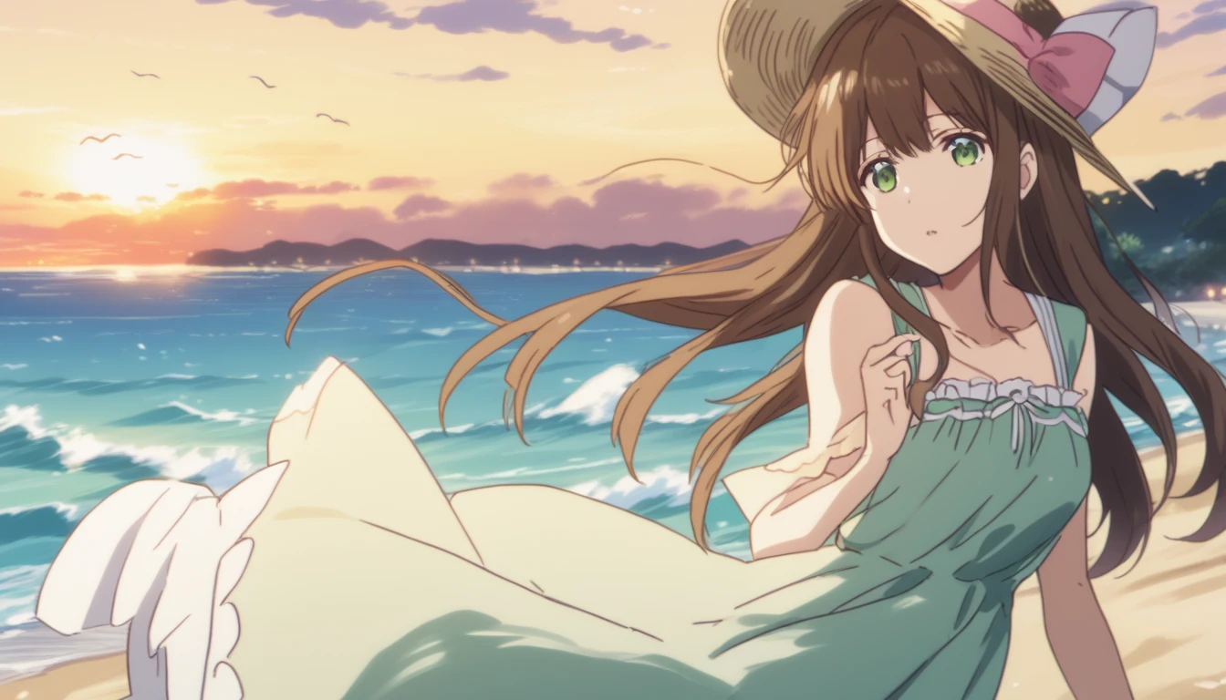 Hina Tachibana, long hair, brown hair, green eyes, Summer Dress, long dress, Beach, wind, pleasure, sunset, hat
