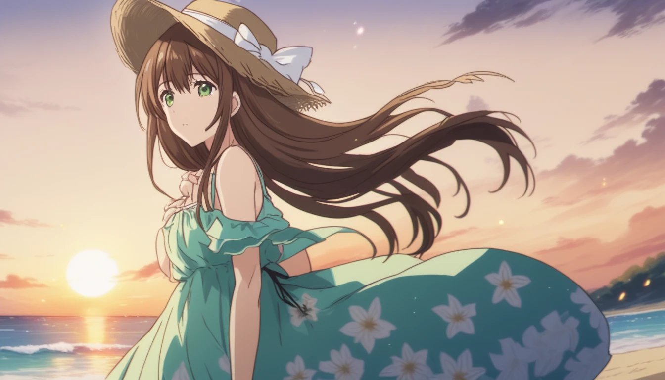 Hina Tachibana, long hair, brown hair, green eyes, Summer Dress, long dress, Beach, wind, pleasure, sunset, hat
