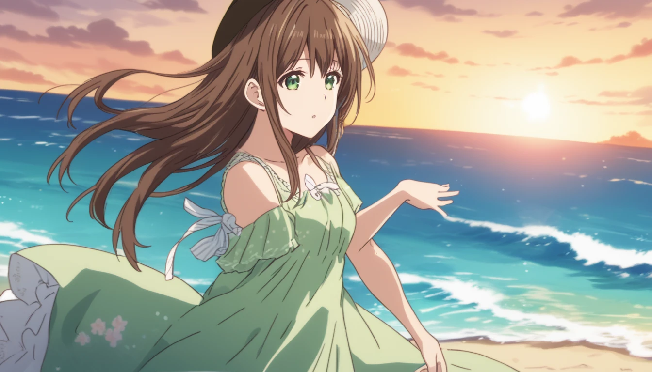 Hina Tachibana, long hair, brown hair, green eyes, Summer Dress, long dress, Beach, wind, pleasure, sunset, hat
