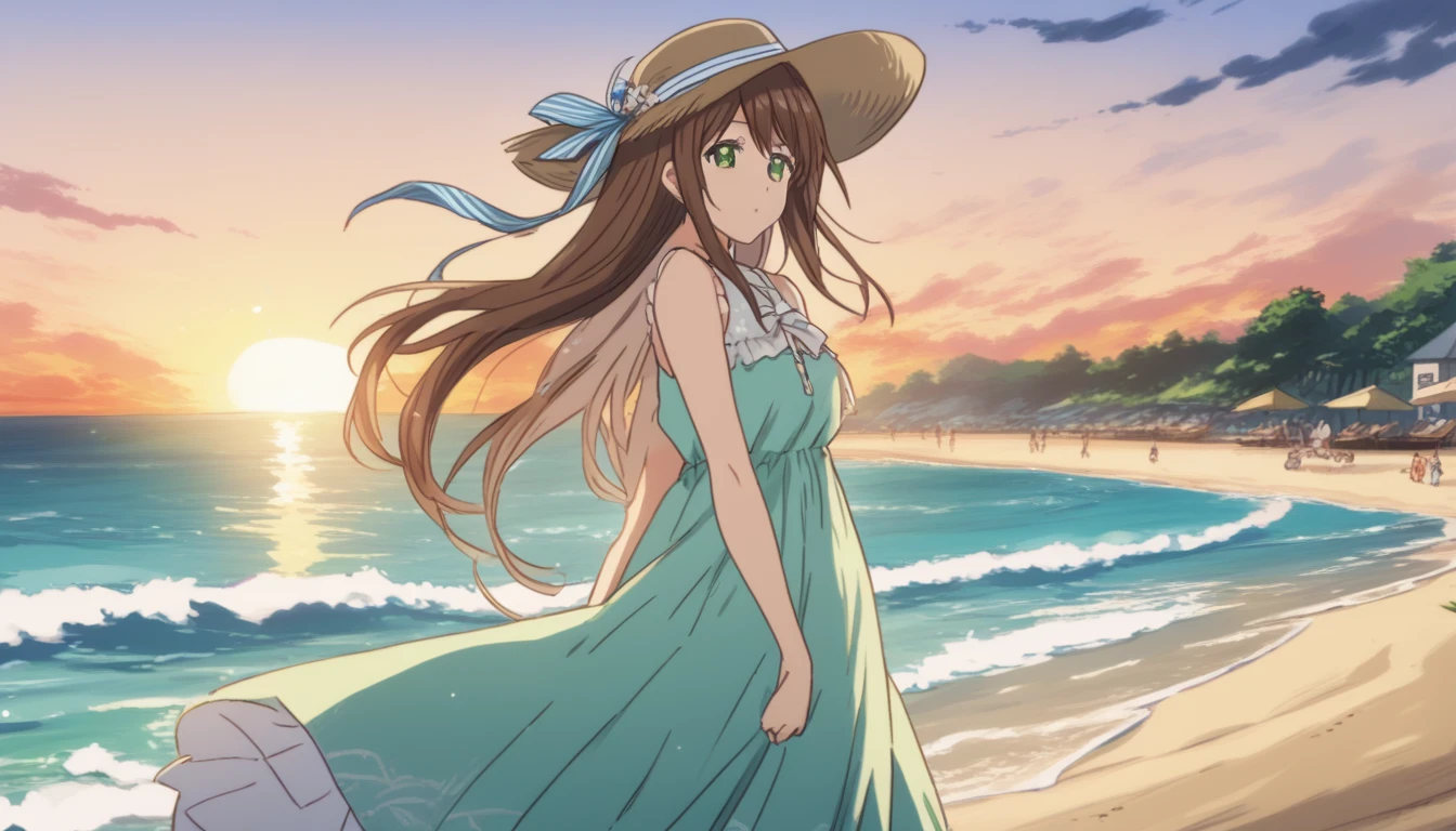 Hina Tachibana, long hair, brown hair, green eyes, Summer Dress, long dress, Beach, wind, pleasure, sunset, hat
