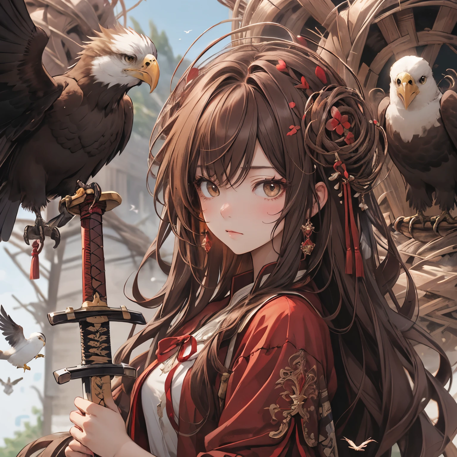 (masterpiece), Highest quality, Ultra-high resolution,Cat ears with reddish brown ribbon、Reddish brown hair、Reddish brown eyes、Reddish brown clothes、(bird’s nest:1.3)、eagle、eagleの雛、cool、Strong will、(sword:1.3)