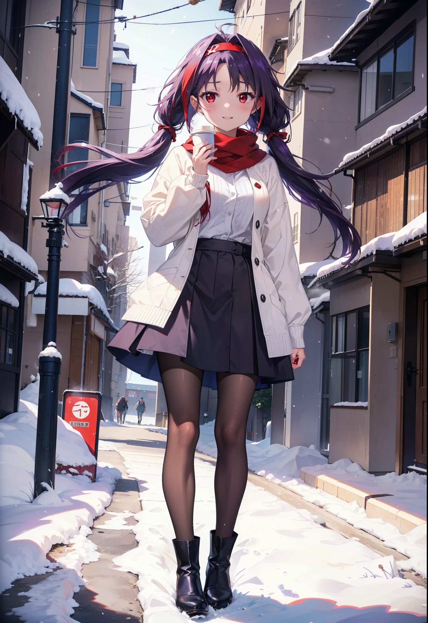 yuukikonno, Konno Yuuki, Long Hair, Pointed Ears, Purple Hair, (Red eyes:1.5), (Small breasts:1.2), Open your mouth,happy smile, smile, Open your mouth,hair band,low twin tail,Red Scarf,Oversized purple sweater,Black pantyhose,Long skirt,short boots,Holding a paper cup of coffee in both hands,Walking,snowが降っている,snowが降り積もっている,snow,snow,snow,snow,snowが積もった木,winter,Cold Sky,night,whole bodyがイラストに入るように,
break looking at viewer, whole body,
break outdoors, Building district,
break (masterpiece:1.2), Highest quality, High resolution, unity 8k wallpaper, (figure:0.8), (Beautiful attention to detail:1.6), Highly detailed face, Perfect lighting, Highly detailed CG, (Perfect hands, Perfect Anatomy),