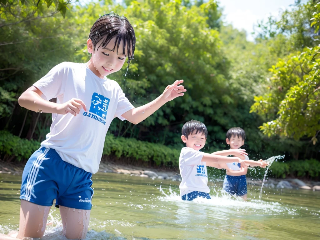 In the forest、 in the countryside、Swimming in the river、Bathing in water、Cute eletary boy、Boy in gym clothes、The bottom of the white T-shirt is blue、Blue shorts、The boys are playing、Get wet all over、Noisy boys、Splashing Water、Japanese、(Boy 1.4)、high resolution、high quality