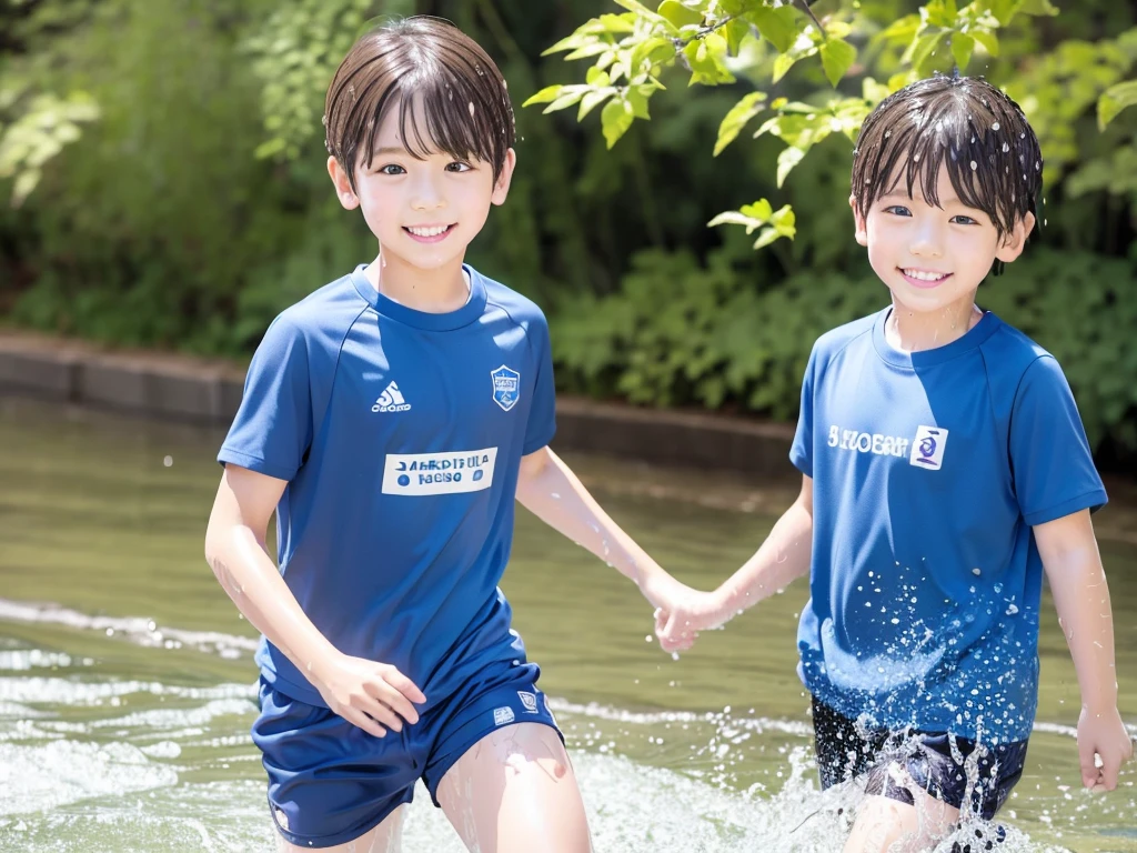 In the forest、Children in the countryside、Swimming in the river、Bathing in water、Cute elementary school boy、１０Year old boy、Boy in gym clothes、The bottom of the white T-shirt is blue、Blue shorts、The boys are playing、Get wet all over、Noisy boys、Splashing Water、Japanese、（Boy 1.4）、high resolution、high quality