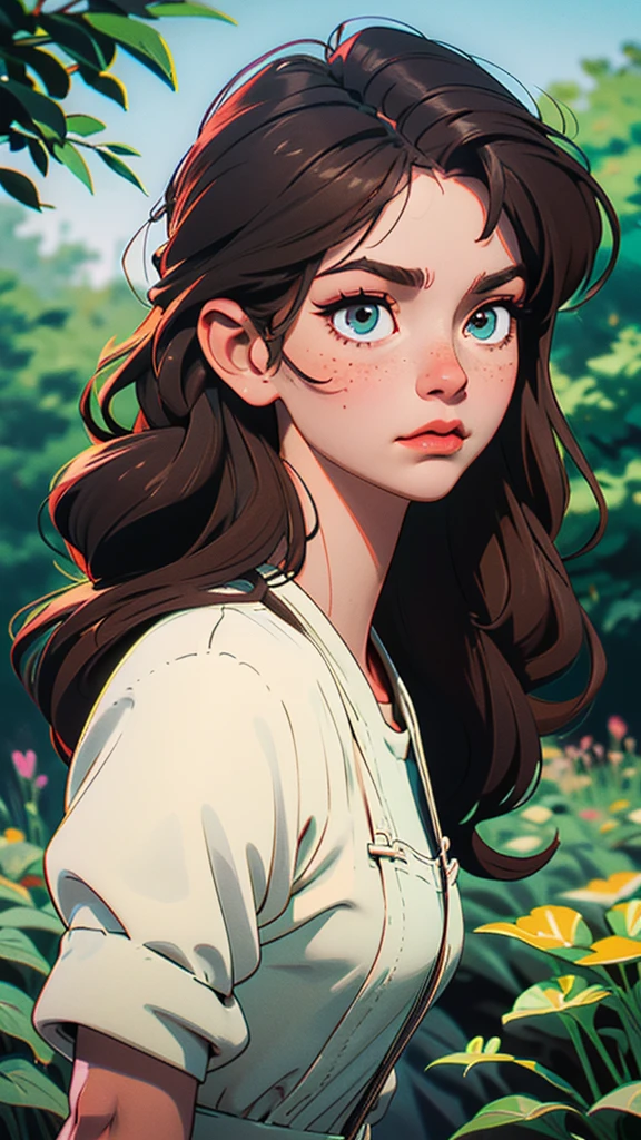 Close-up portrait of a young person with long, dark brown hair that appears slightly damp and tousled. The individual has fair skin with visible freckles across their cheeks and nose. Their eyes are closed, and they have a serene, contemplative expression. The background is blurred, featuring a natural, green outdoor setting, suggesting a park or forest. The person is wearing a white garment, which contrasts with their dark hair. The overall mood of the image is calm and introspective.