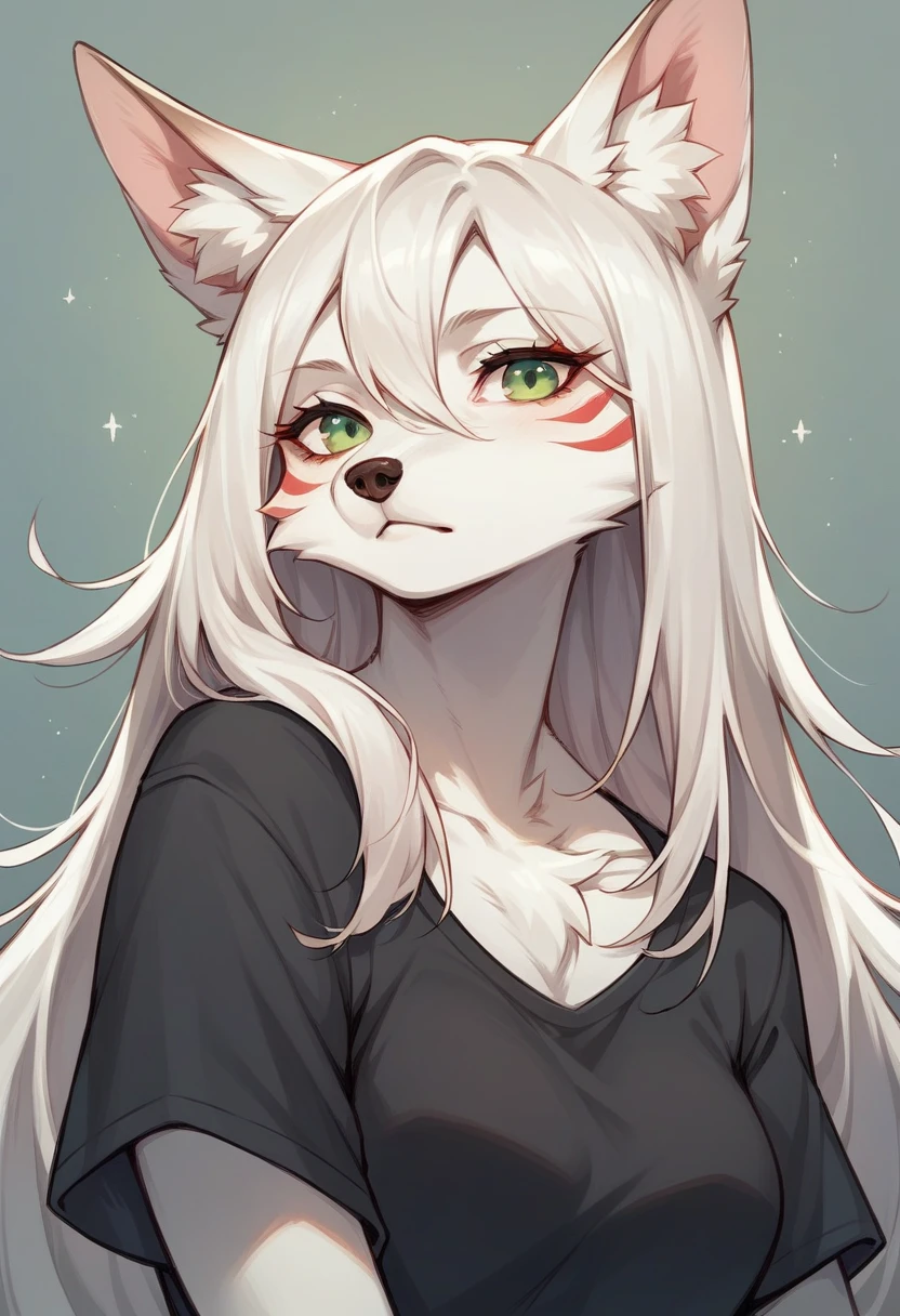 fluffy fox with white fur, girl, green eyes, portrait, Kitsune, in a black T-shirt with harnesses, long hair