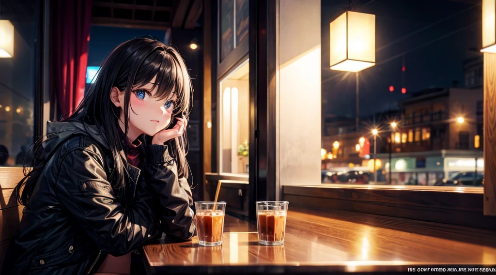 (Original photo, Highest quality), 1 girl, Lisa, night,Cafe, relax, Satosh Khan'Art Style