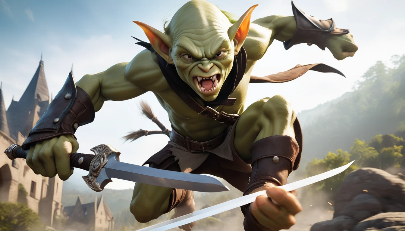 Realistic photos, RAW Photos, goblin, attacks viewer, Powerful movements, jump on prey, ((Dynamic jump)), Sharp Claws, goblin approaching from above, sudden approach, Bad-tempered, dynamic Shot from grand, have a sword