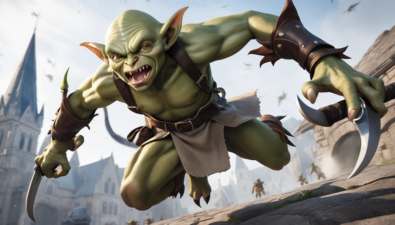 Realistic photos, RAW Photos, goblin, attacks viewer, Powerful movements, jump on prey, ((Dynamic jump)), Sharp Claws, goblin approaching from above, sudden approach, Bad-tempered, dynamic Shot from grand, have a sword