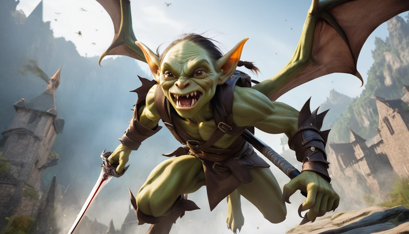 Realistic photos, RAW Photos, goblin, attacks viewer, Powerful movements, jump on prey, ((Dynamic jump)), Sharp Claws, goblin approaching from above, sudden approach, Bad-tempered, dynamic Shot from grand, have a sword