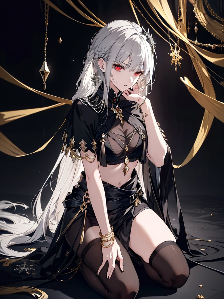 8k,High resolution RAW color art, Anime Art,Silver Marble Skin, (((Highly detailed elegant))), Detailed skin, texture,(Exquisitely crafted, The finer details, Ultra-detailed art), (((1 girl))), Depth of written boundary, Silky Touch, Hyper Detail, (((Cool face))), eye shadow、Armed women, Beautiful detailed red eyes, Beautiful lip detail, Highly detailed face, Delicate depiction of hair and eyes, Detailed Fashion, Golden Earrings,Full body depiction, Black half top、(((Bare waist)))、Black shorts、Waist Cloak、black tights、Golden decoration, Light gray hair, Golden bracelet, Straight Hair、(((Hair)))、moonlight、Calm background、(((Black theme)))、Snowflake background、Side view、Kneeling、Less exposure