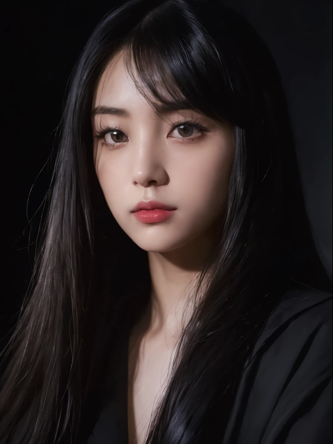 (in the dark:1.6), Surrealist female portraits by David Hockney and Alphonse Mucha,japanese girl,25 years old,clothing black dress, photo realistic, dynamic lighting, volumetric lighting, very detailed face, 4 thousand, Awards, 1 woman, in the dark, deep shadows, low key, (formal clothing:1.4), long hair,red lips,