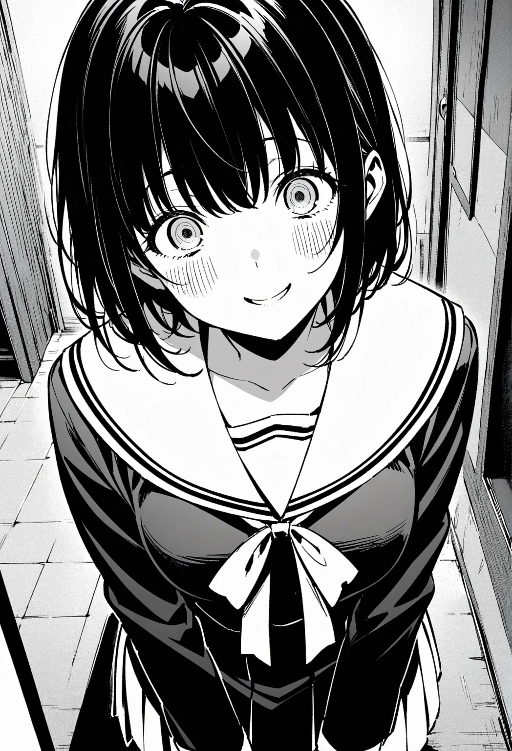 black hair.high school girl, yandere. tall,smile、whole body、surprise、monochrome、Black and White、