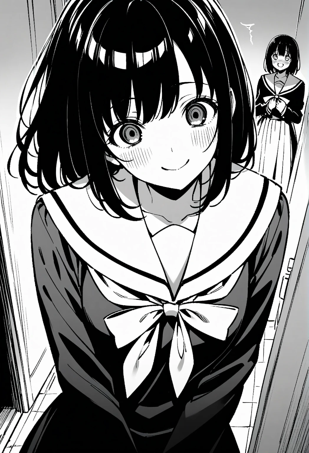  black hair.high school girl, yandere. tall,smile、whole body、surprise、monochrome、Black and White、