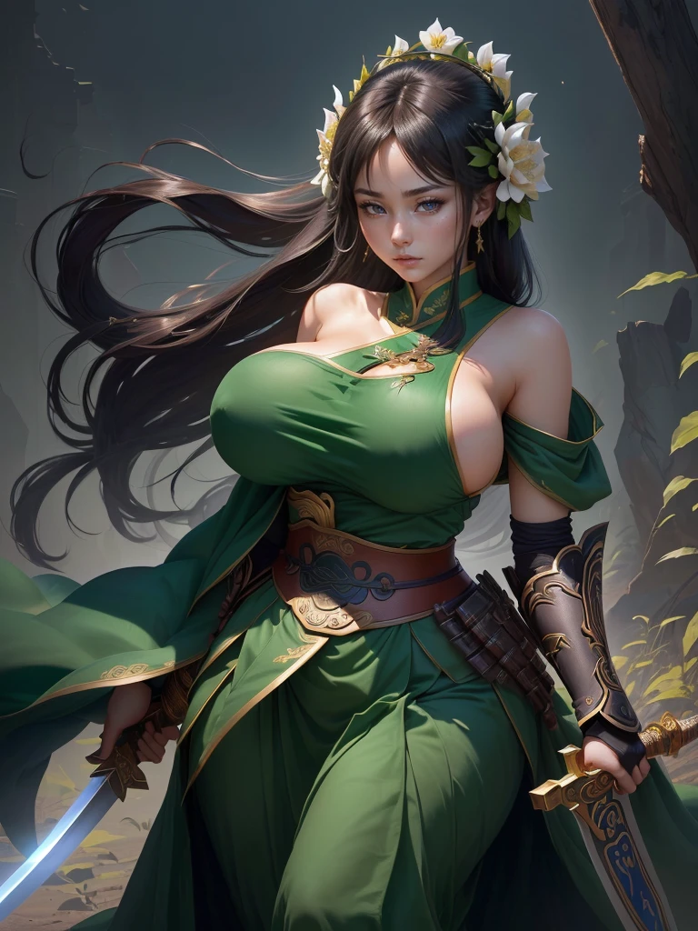 a woman in a green dress holding a sword and a flower, inspired by Li Mei-shu, inspired by Shen Zhou, inspired by Wu Li, inspired by Wu Zuoren, yun ling, inspired by Ju Lian, inspired by Li Tang, full body xianxia, inspired by Qiu Ying, inspired by Lan Ying, xianxia hero, Highly detailed CG unit 8k wallpaper, masterpiece, High resolution, highest quality, highest quality real texture skin, Super Real, Digital Painting, Best image quality, 最High resolution, 8k, ((Highly detailed eyes and face, Beautiful eyes every detail)), 1girl, Full Body Shot, (Saggy breasts, Gravity-dependent breasts, long chest, Heavy chest, disproportionate breasts, huge breasts, sagging breasts, gigantic breasts, erect nipple), Off the shoulder,