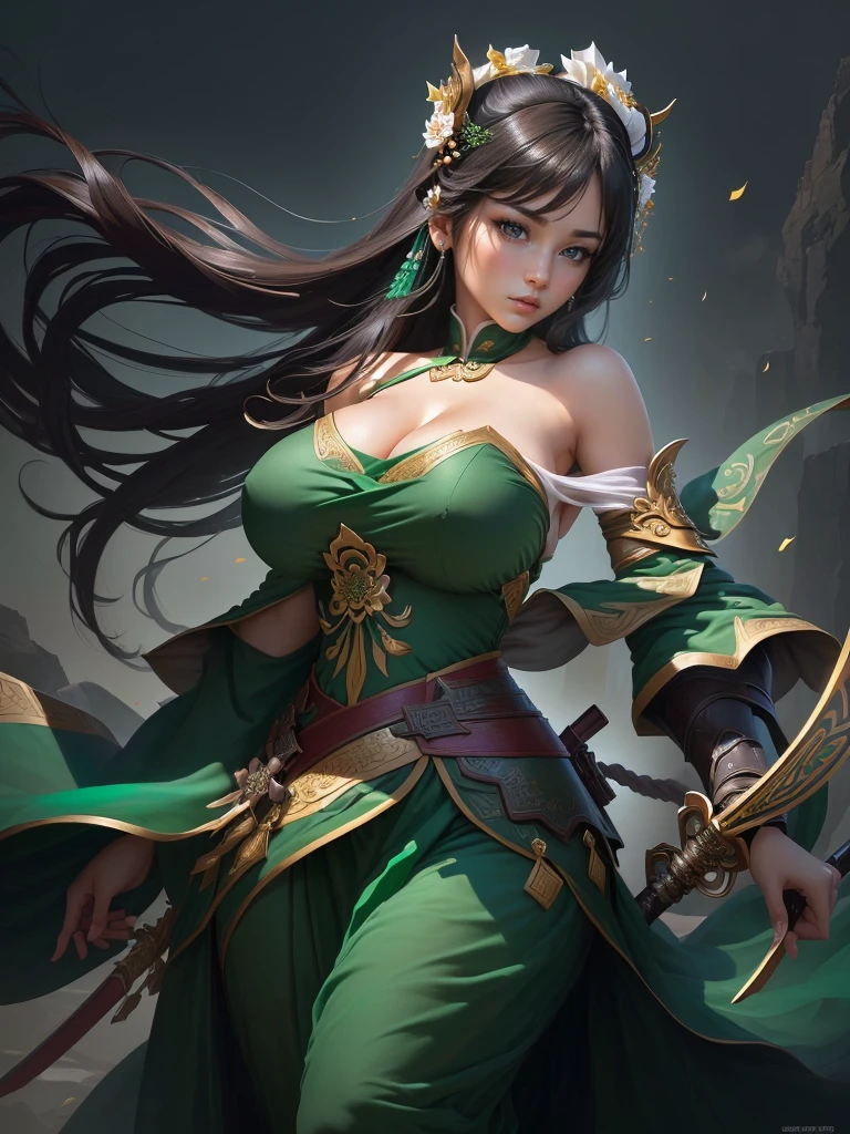 a woman in a green dress holding a sword and a flower, inspired by Li Mei-shu, inspired by Shen Zhou, inspired by Wu Li, inspired by Wu Zuoren, yun ling, inspired by Ju Lian, inspired by Li Tang, full body xianxia, inspired by Qiu Ying, inspired by Lan Ying, xianxia hero, Highly detailed CG unit 8k wallpaper, masterpiece, High resolution, highest quality, highest quality real texture skin, Super Real, Digital Painting, Best image quality, 最High resolution, 8k, ((Highly detailed eyes and face, Beautiful eyes every detail)), 1girl, Full Body Shot, (Saggy breasts, Gravity-dependent breasts, long chest, Heavy chest, disproportionate breasts, huge breasts, sagging breasts, gigantic breasts, erect nipple), Off the shoulder, 