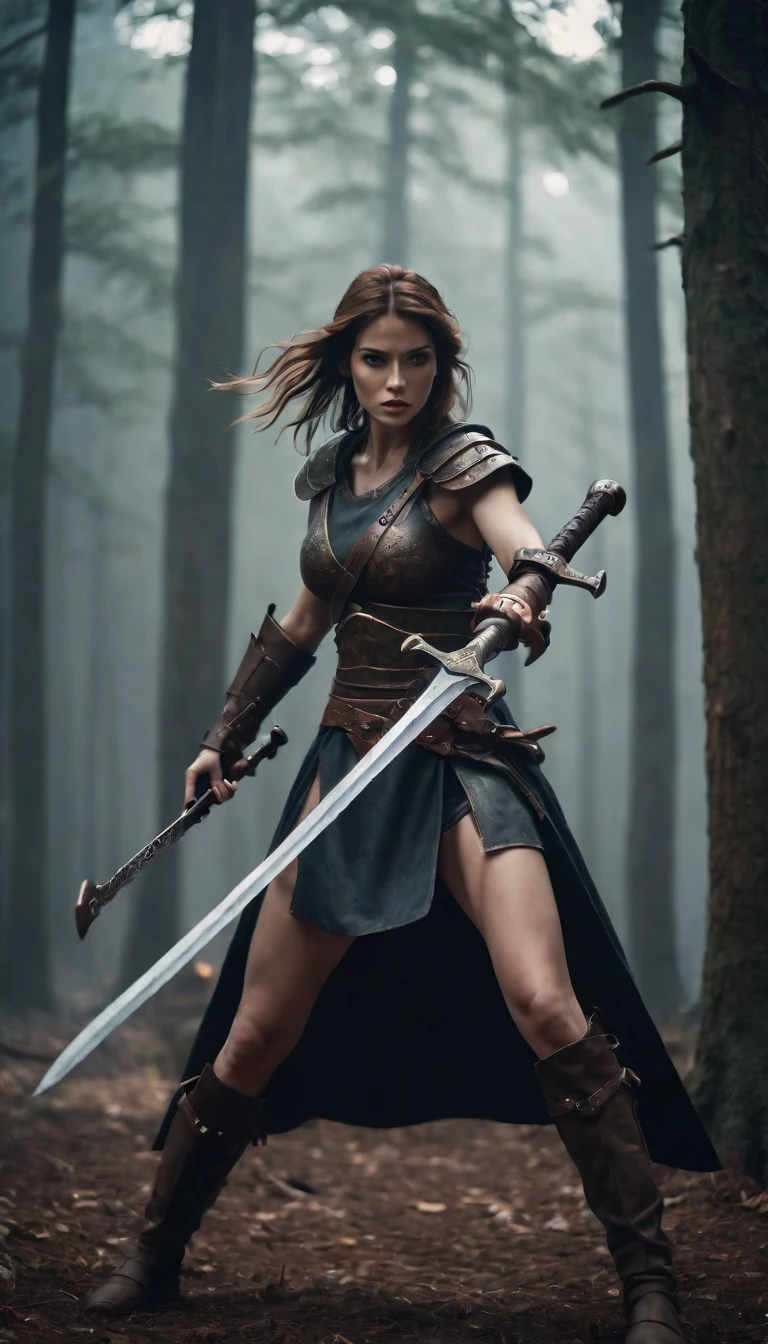 cinematic photo cinematic photo full frame wide shot , a beautiful female warrior, swinging a giant rusty cleaver sword full body character design high budget, bokeh, cinemascope, moody, epic, gorgeous, film grain, grainy . Eerie, unsettling, dark, spooky, suspenseful, grim, highly detailed. . 35mm photograph, film, bokeh, professional, 4k, highly detailed . 35mm photograph, film, bokeh, professional, 4k, highly detailed