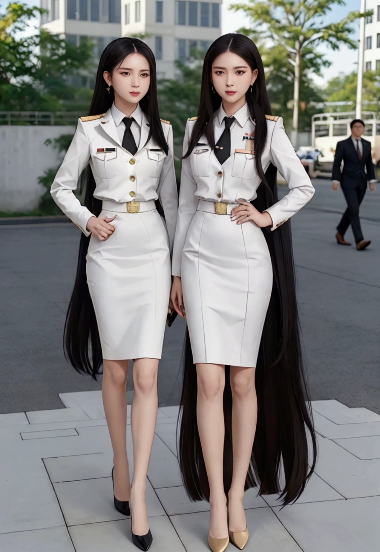 business woman, beautiful woman, Decorated with military insignia, Wear a suit and tie., Short skirt, businessuitwhite, กระโปรงดินสอสั้นwhite, businessuitรัดรูป, All white outfit, Emphasize the curves of the body, (สาวสวยTwo meter long hair, my hair is very long., extra long hair, long black hair), businessuit, (suitสไตล์อิตาลี, suitสองปุ่ม), (italian dress, white สูท, Set of two buttons), (wear women&#39;s clothes&#39;suit, women&#39;s business suit, white), (สูทผู้หญิงwhite), (เสื้อเชิ้ตwhite), necktie, (necktieสั้นสีดำ, necktieสีดำ, necktieผอม, ถักnecktie), (military rank insignia), (Short pencil skirtwhite), (Dynamic posts), full body, (A gigantic rift), (big breasts, Thin body, small waist, hips raised, small thighs, Long legs), high-heelsสีดำ, (Short pencil skirt, white), Wearing a suit for a business woman, (Wearing a white businesสูท, businessuitหญิงwhite), (tight, military regalia, เสื้อwhite, กระโปรงwhite), Long legs, (black shoes), (Two gold สูท buttons, Two meter long hair, suitเข้ารูป, เสื้อสูทwhiteทรงธรรมดารัดรูป), (black shoes, high-heels), (stand, walk, elegant posture, Dynamic posts), short dress, earring, garden, modeling, ภาพfull body, เหมือนfull body