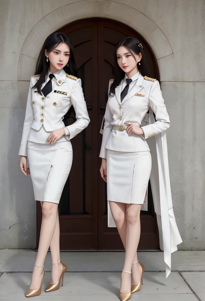 business woman, beautiful woman, Decorated with military insignia, Wear a suit and tie., Short skirt, businessuitwhite, กระโปรงดินสอสั้นwhite, businessuitรัดรูป, All white outfit, Emphasize the curves of the body, (สาวสวยTwo meter long hair, my hair is very long., extra long hair, long black hair), businessuit, (suitสไตล์อิตาลี, suitสองปุ่ม), (italian dress, white สูท, Set of two buttons), (wear women&#39;s clothes&#39;suit, women&#39;s business suit, white), (สูทผู้หญิงwhite), (เสื้อเชิ้ตwhite), necktie, (necktieสั้นสีดำ, necktieสีดำ, necktieผอม, ถักnecktie), (military rank insignia), (Short pencil skirtwhite), (Dynamic posts), full body, (A gigantic rift), (big breasts, Thin body, small waist, hips raised, small thighs, Long legs), high-heelsสีดำ, (Short pencil skirt, white), Wearing a suit for a business woman, (Wearing a white businesสูท, businessuitหญิงwhite), (tight, military regalia, เสื้อwhite, กระโปรงwhite), Long legs, (black shoes), (Two gold สูท buttons, Two meter long hair, suitเข้ารูป, เสื้อสูทwhiteทรงธรรมดารัดรูป), (black shoes, high-heels), (stand, walk, elegant posture, Dynamic posts), short dress, earring, garden, modeling, ภาพfull body, เหมือนfull body