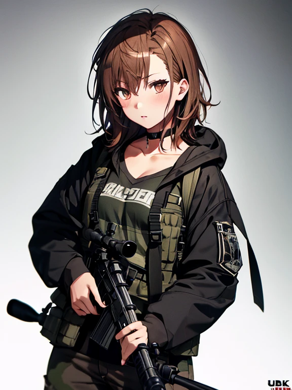 rifle, Sniper, Sniper, Misaka Mikoto, 1girl, black choker, uhd, retina, masterpiece, ccurate, anatomically correct, textured skin, super detail, high details, high quality, best quality, highres, 4K