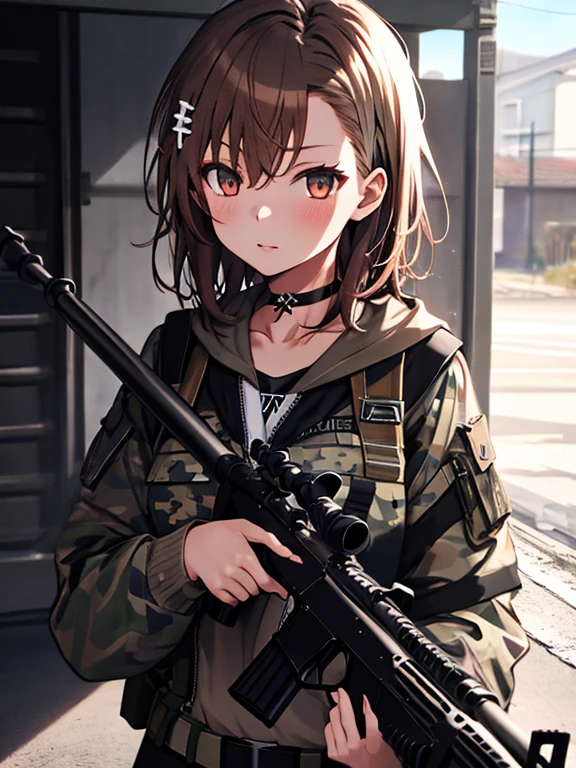 rifle, Sniper, Sniper, Misaka Mikoto, 1girl, black choker, uhd, retina, masterpiece, ccurate, anatomically correct, textured skin, super detail, high details, high quality, best quality, highres, 4K
