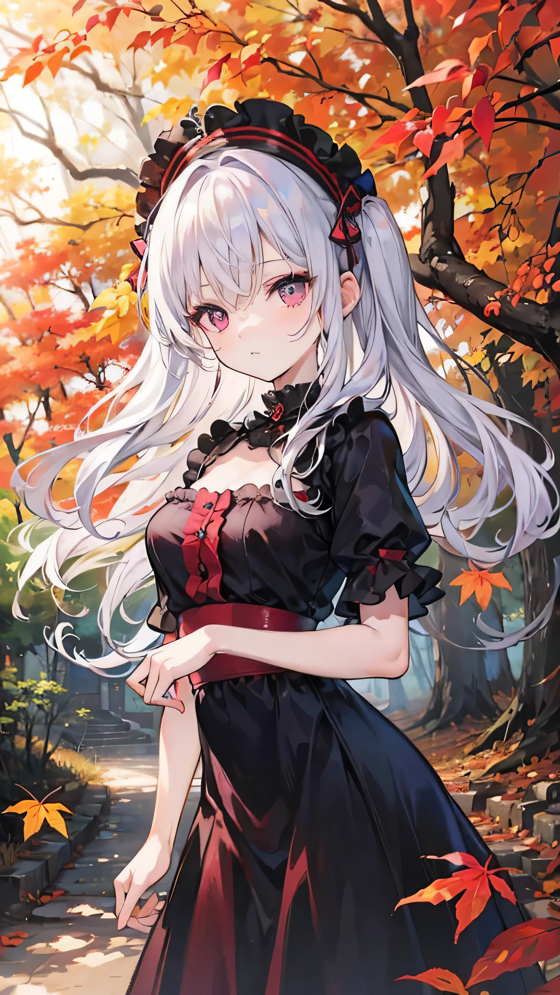 (masterpiece, best quality:1.3), 1 girl, solo, ager,(top quality eyes:1.3),An 18-year-old girl with silver hair and magenta eyes, wearing a classical black frilled dress, confidently standing in a vibrant autumn forest with falling leaves, depicted in the highest quality and detail