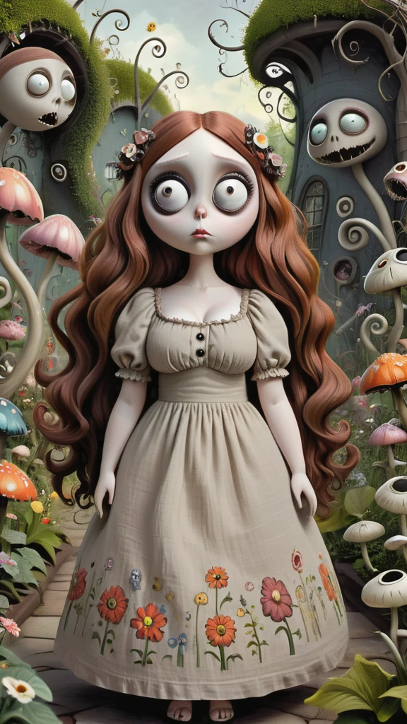 Young beautiful Chubby woman walking through Tim Burton-inspired garden. Garden is full of flowers and peculiar creatures with big eyes and Burtonesque charm. Girl is voluptuous, has giant , auburn long wavy hair, (wearing linen flowery dress), The garden is a blend of anime aesthetics and Burtonesque surrealism, (hand drawn with pencil:1.2), (tim burton style:1.27), curvy body, ultra detailed, intricate, dynamic poses, natural light, fantasy art, big eyes, mysterious