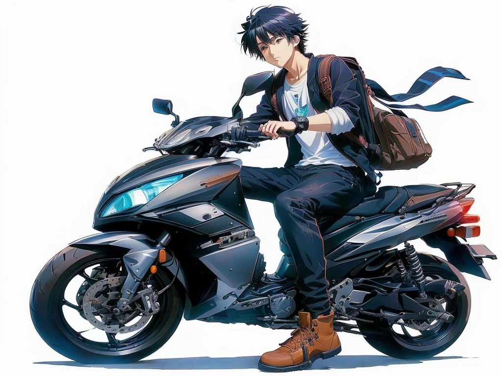 anime guy sitting on a motorcycle with a backpack on his back, style anime, kentaro miura style, kentaro miura art style, modern anime style, okata kazuto, young anime man, kentaro miura art, akira moto, anime style character, makoto shinkai style, anime full body illustration, key anime art, anime key visual concept