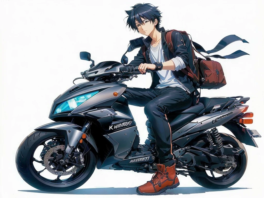 anime guy sitting on a motorcycle with a backpack on his back, style anime, kentaro miura style, kentaro miura art style, modern anime style, okata kazuto, young anime man, kentaro miura art, akira moto, anime style character, makoto shinkai style, anime full body illustration, key anime art, anime key visual concept