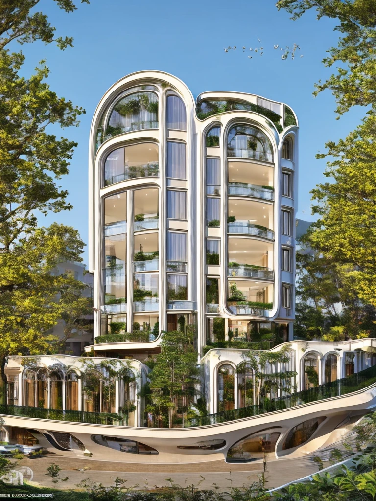 (masterpiece, best quality:1.2) 1white neoclassic building, (curved window), plants on company, building, exterior, architecture design, building in street