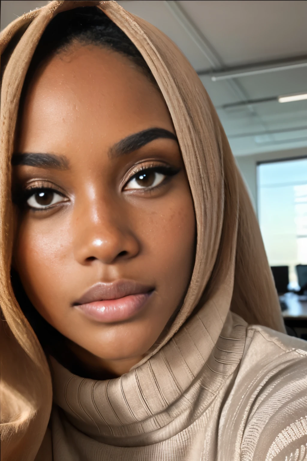 African model, close up, 3/4 photograph, in a office, natural light, posing for picture, greeneyes, fat lower lip, huge lips, thick lips, hijab, turtleneck sweater, long sleeves, freckles