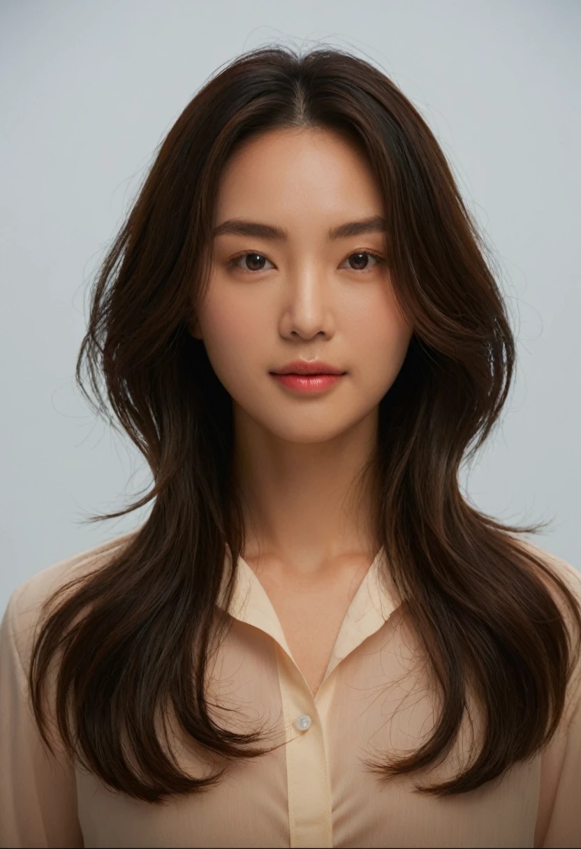 Best Quality, 8k, Masterpiece, (Portrait: 1.3), (photo realistic:1.4), (hyper realistic:1.4), Sharp Focus, looking at viewer, (smoother lighting:1.1), (increase cinematic lighting quality:0.9), realistic lighting, backlighting, light on face, ray trace, (brightening light:1.2), (Increase quality:1.4), sharp detail, (best quality real texture skin:1.4), finely detailed eyes, black_eyes, finely detailed face, 25 year old Korean woman, (white formal_shirt:1.4), (Create an image maintaining the original base model hairstyle:1.5)