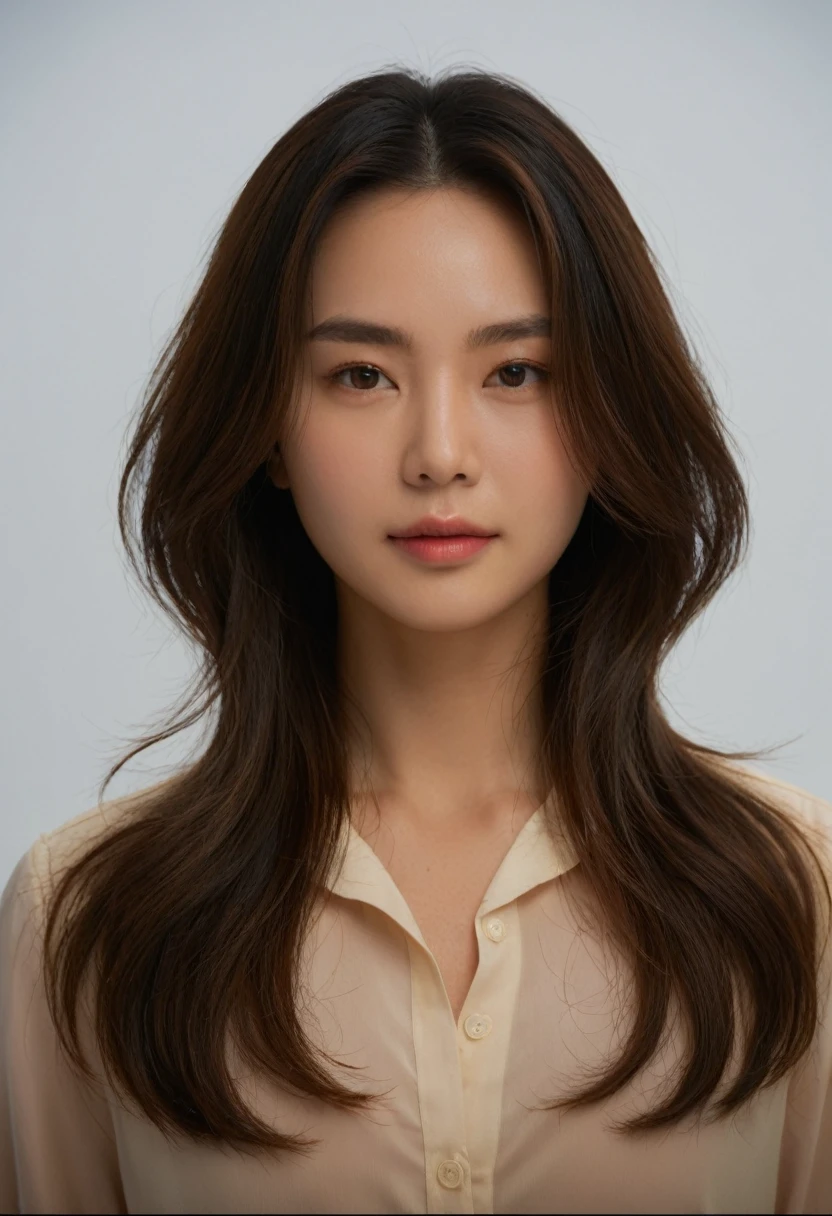 Best Quality, 8k, Masterpiece, (Portrait: 1.3), (photo realistic:1.4), (hyper realistic:1.4), Sharp Focus, looking at viewer, (smoother lighting:1.1), (increase cinematic lighting quality:0.9), realistic lighting, backlighting, light on face, ray trace, (brightening light:1.2), (Increase quality:1.4), sharp detail, (best quality real texture skin:1.4), finely detailed eyes, black_eyes, finely detailed face, 25 year old Korean woman, (white formal_shirt:1.4), (Create an image maintaining the original base model hairstyle:1.5)