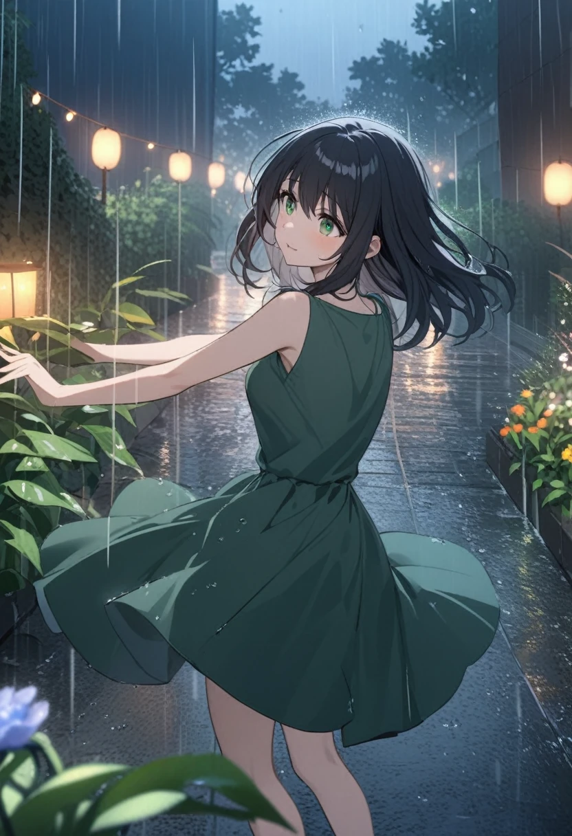 A girl with black hair and green eyes dancing in the rain at night.
In a garden