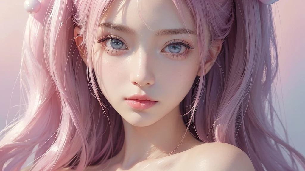 ((masterpiece)). This work is dreamy and fantastical., Soft pink watercolor shades. Generates delicate magical women exploring the bubble gum world in a variety of pastel colors. Her sweet face is extremely detailed and realistic with elegant, features, Puffy, lips and stunning, Extremely realistic eyes. Her eyes are important、Be realistic, Very detailed, And it's beautiful. High resolution and detail, Include many details like stars, Milky Way, Colorful bubbles, Colorful petals, And a lot of energy and emotion! Stars and colorful bubblegum bubbles are important! Include fantasy details, Enhanced Details, iris, Colorful sparkling wind, And pollen. Pay special attention to her face、Make sure it's beautiful and realistic in detail。. The image is dreamy、It has to be fantastical..8k, Complex, elegant, Very detailed, Majestic, Digital photography