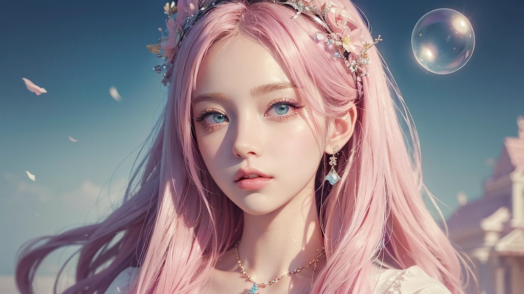 ((masterpiece)). This work is dreamy and fantastical., Soft pink watercolor shades. Generates delicate magical women exploring the bubble gum world in a variety of pastel colors. Her sweet face is extremely detailed and realistic with elegant, Mature features, Puffy, Big lips and stunning, Extremely realistic eyes. Her eyes are important、Be realistic, Very detailed, And it's beautiful. High resolution and detail, Include many details like stars, Milky Way, Colorful bubbles, Colorful petals, And a lot of energy and emotion! Stars and colorful bubblegum bubbles are important! Include fantasy details, Enhanced Details, iris, Colorful sparkling wind, And pollen. Pay special attention to her face、Make sure it's beautiful and realistic in detail。. The image is dreamy、It has to be fantastical..8k, Complex, elegant, Very detailed, Majestic, Digital photography