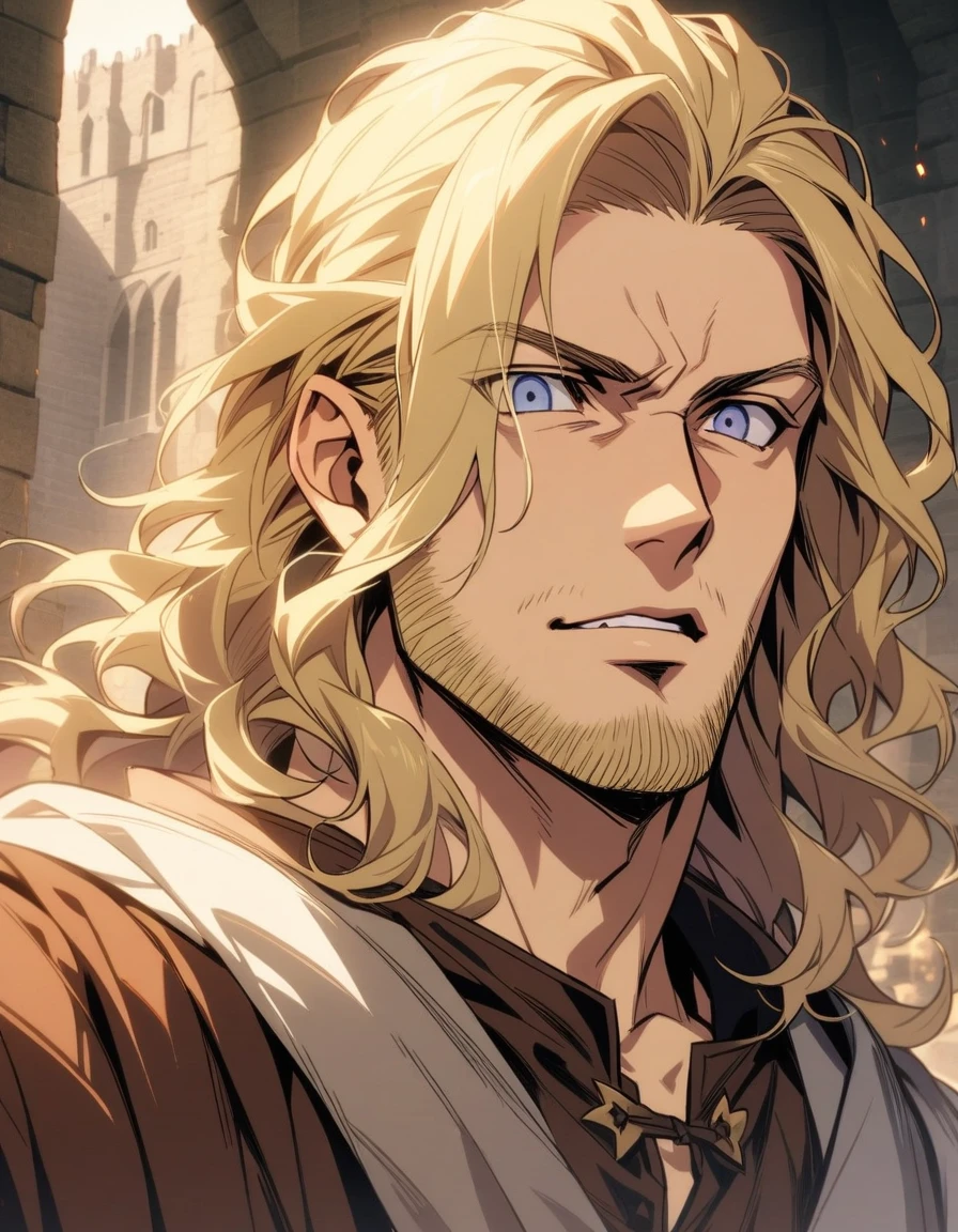 male, late 30s, blond, shoulder-length, middle-part wavy hair, (light-purple, deep-set, Sanpaku eyes), slightly thick blond beard, aquiline and hooked nose, slightly underbite, chiseled, slightly long face, fearless expression, medieval European royal attire, portrait