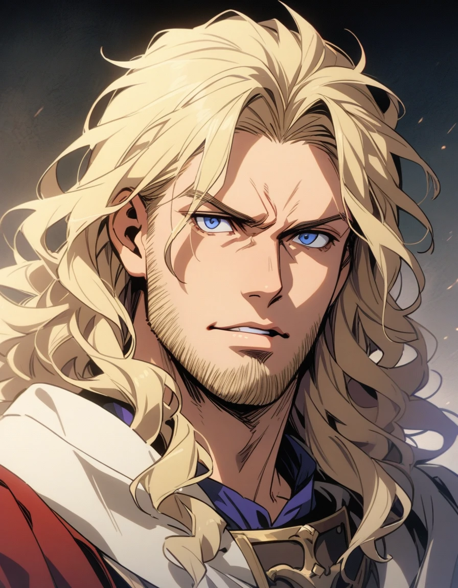 male, late 30s, blond, shoulder-length, middle-part wavy hair, (light-purple, deep-set, Sanpaku eyes), slightly thick blond beard, aquiline and hooked nose, slightly underbite, chiseled, slightly long face, fearless expression, medieval European royal attire, portrait