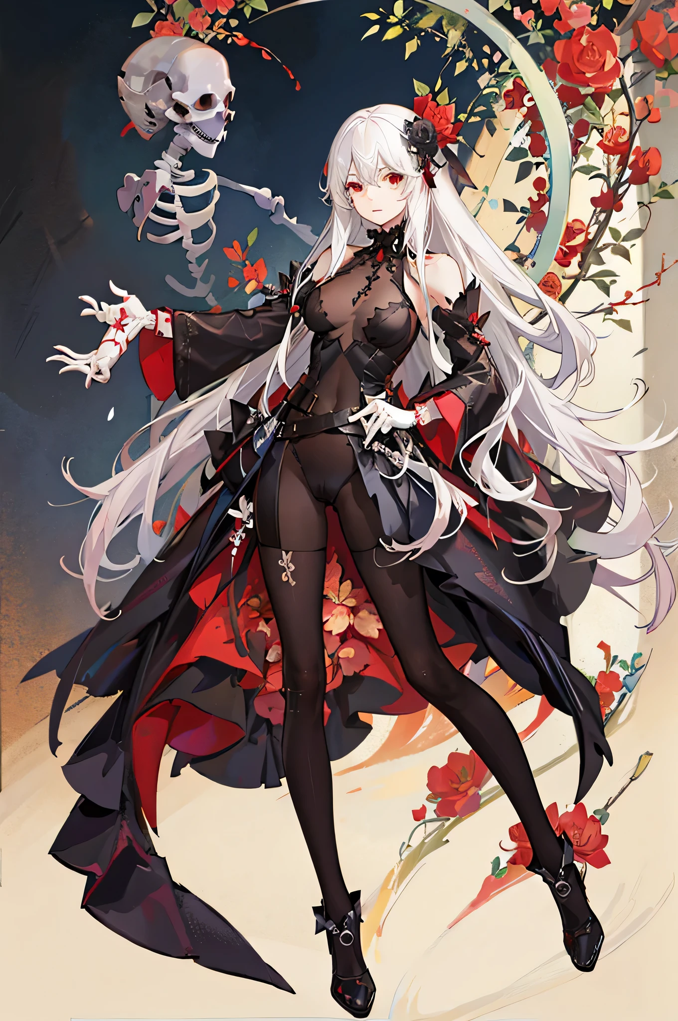 Anime girl, white hair, There are red flowers growing on the skeleton, ((SKELETON)), red flower, illustration, 25 year old, bone, skull, creepy,
