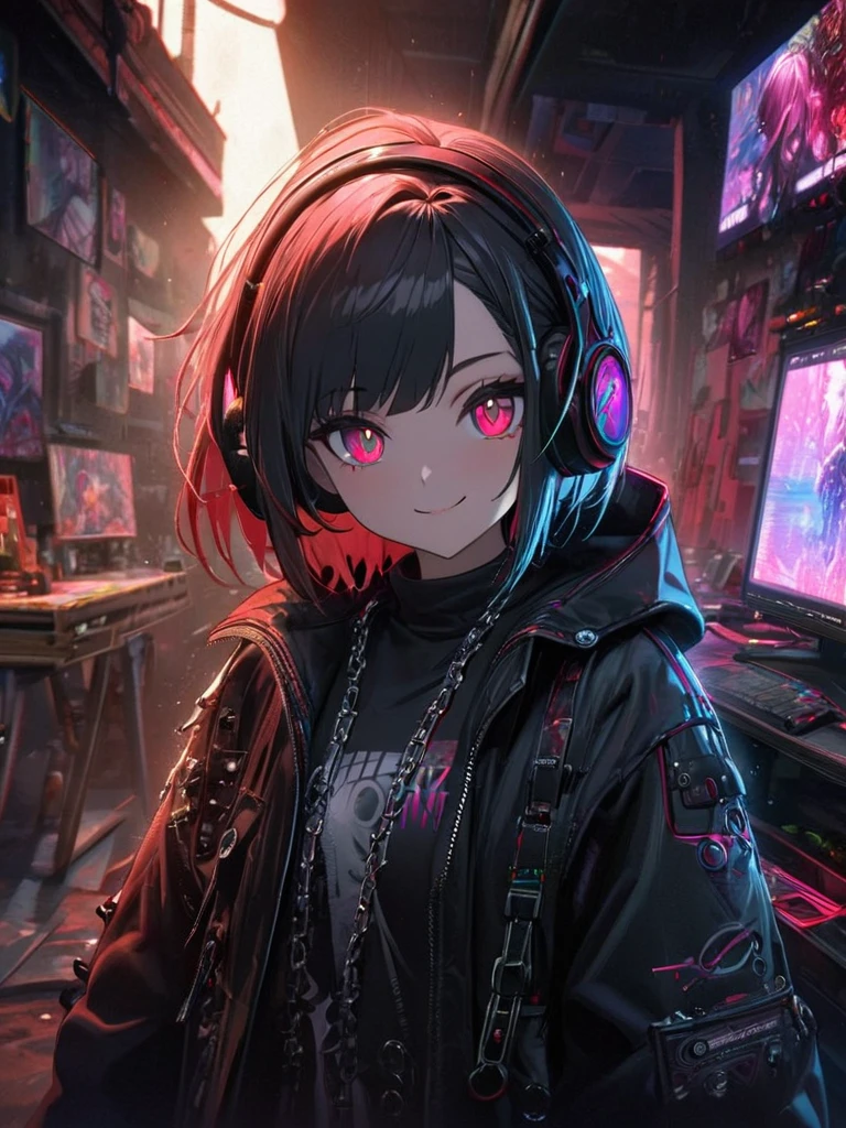 1 girl, chromatic aberration, Written boundary depth, Soft Light, masterpiece, Highest quality, complicated, Tone Mapping, Very detailed, Art Station, Concept Art, Smooth, Clear focus, Dramatic lighting, Very detailed artwork, movie, super practical painting, Art Station's trending, 8k, Incredible Shadows, practical, (Very detailed background:1.0), whole body, View, Viewers, Very detailed portrait of one girl 1, standing on street corner, Heavy rain and lightning、Dark Sky, neon and cyber punk background, she is dressed in punk clothing with silver chains and silver spikes, Her hair was dyed a bright black color.,The middle part is black, She wears headphones, Detailed red eyes with clear pupils, Ominous aura of light, smile, punk, ciber punk, Backlight.Her hair is short bob、Announcer talking about horses'tail、Glamorous look